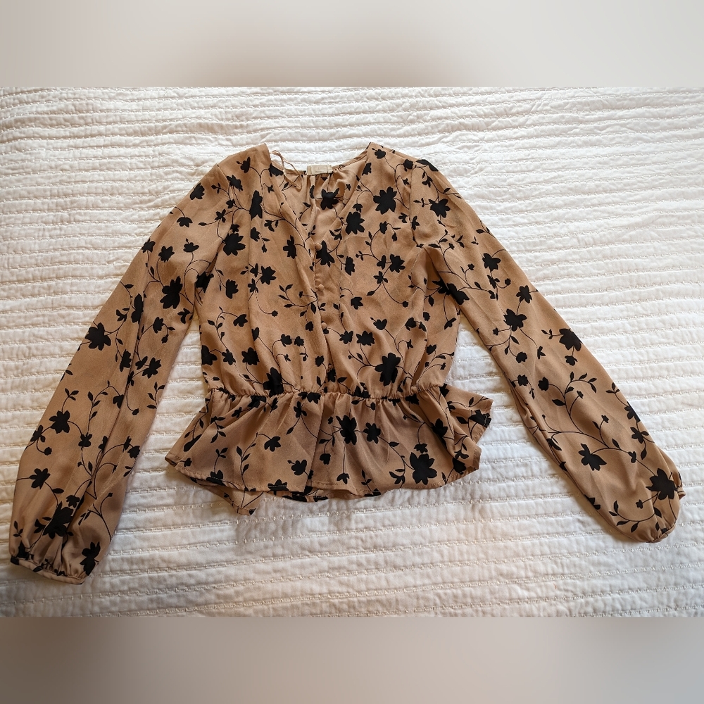 Taupe blouse with black leaves size large